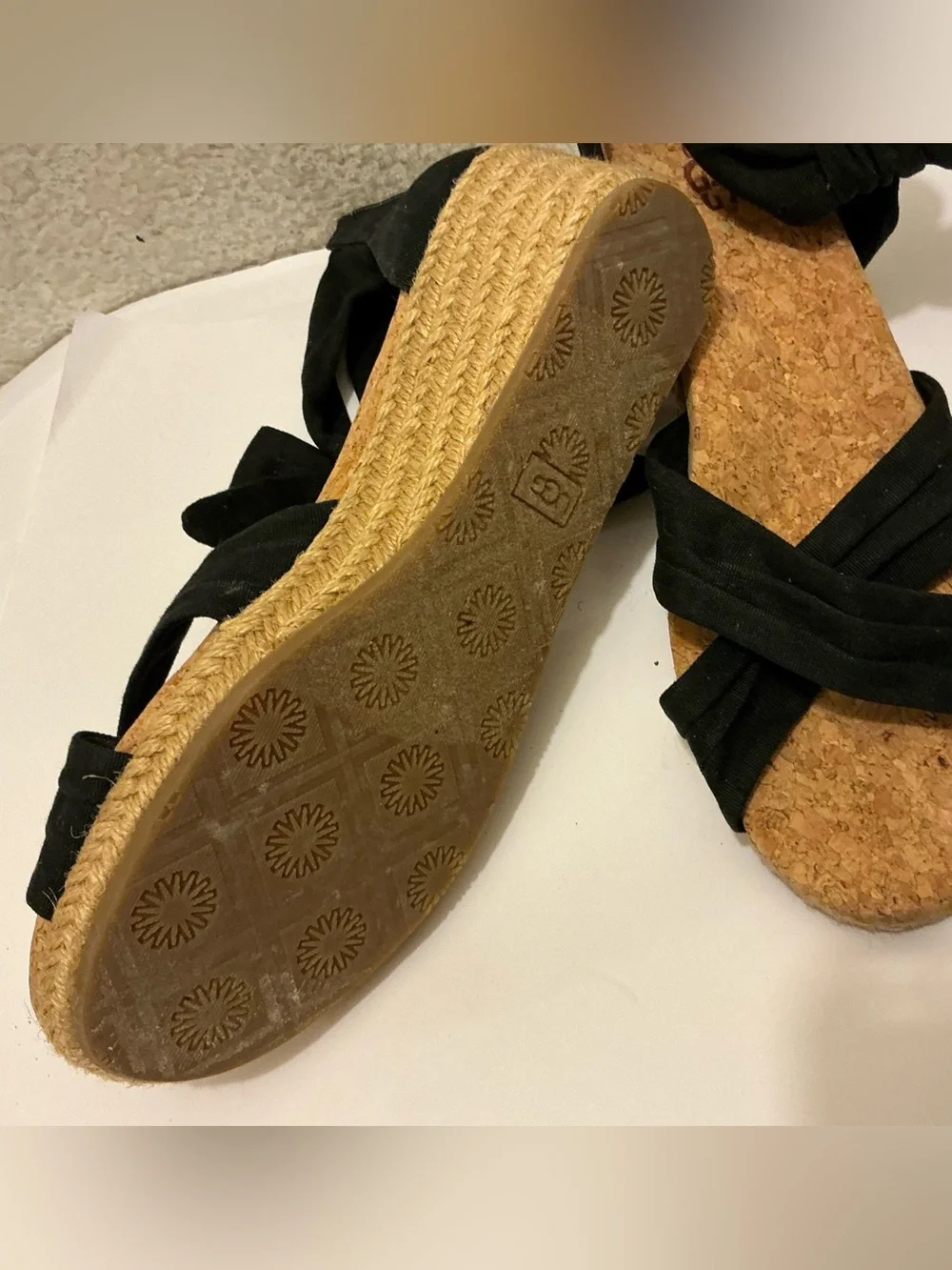 Ugg Traci Espadrille Wedge Sandals Women 7.5 Black Open Toe Ankle Bow Casual Zip